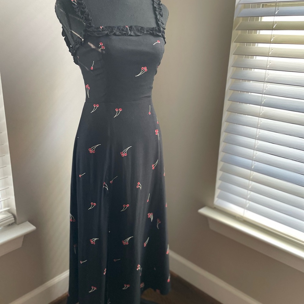 Reformation Black Midi Dress with Red Cherry Print